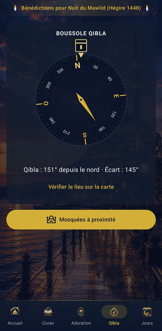 Heures de prière — Inshirah — Boussole qibla et mosquées à proximité